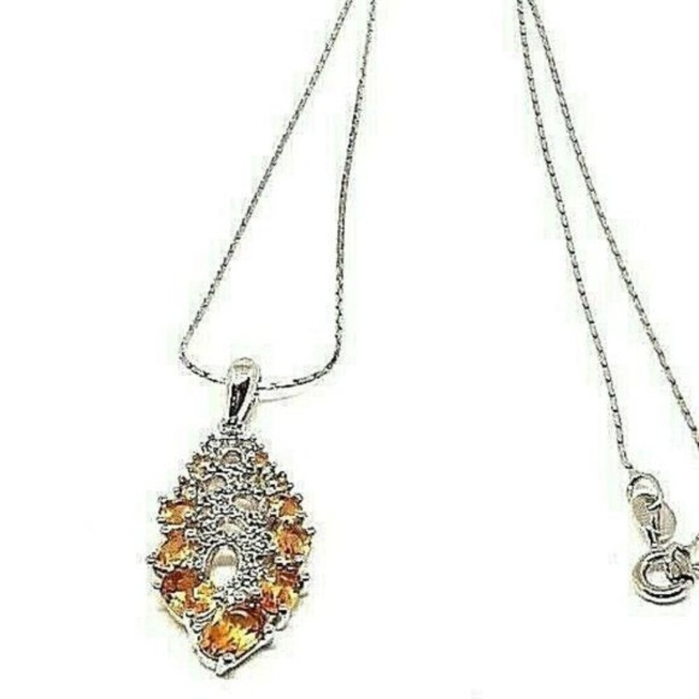 Natural Yellow Citrine with CZ 14K White Gold on 925 Sterling Silver Necklace‎
